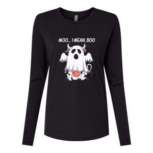 Moo I Mean Boo Ghost Cow Funny Halloween Womens Cotton Relaxed Long Sleeve T-Shirt