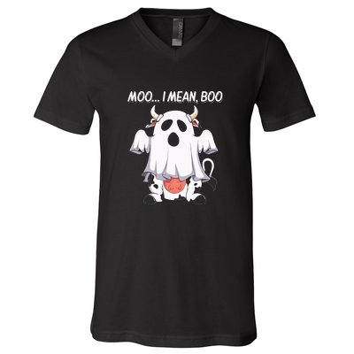 Moo I Mean Boo Ghost Cow Funny Halloween V-Neck T-Shirt