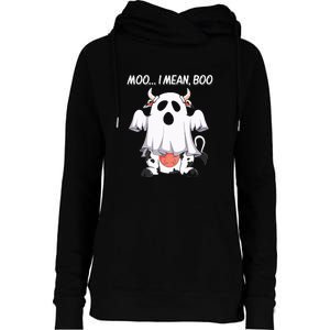 Moo I Mean Boo Ghost Cow Funny Halloween Womens Funnel Neck Pullover Hood