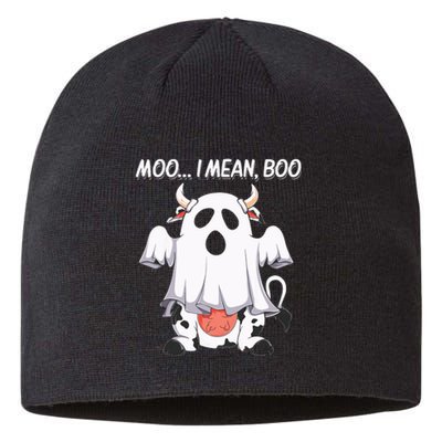 Moo I Mean Boo Ghost Cow Funny Halloween Sustainable Beanie