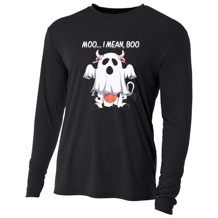 Moo I Mean Boo Ghost Cow Funny Halloween Cooling Performance Long Sleeve Crew