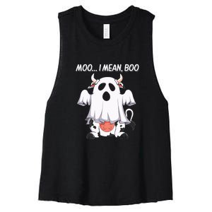 Moo I Mean Boo Ghost Cow Funny Halloween Women's Racerback Cropped Tank