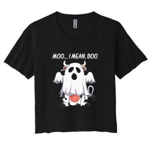 Moo I Mean Boo Ghost Cow Funny Halloween Women's Crop Top Tee