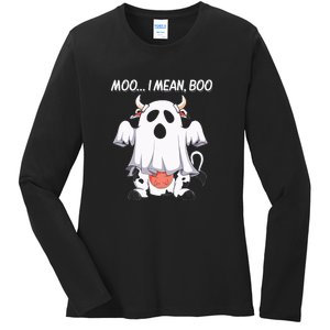 Moo I Mean Boo Ghost Cow Funny Halloween Ladies Long Sleeve Shirt