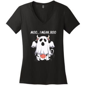 Moo I Mean Boo Ghost Cow Funny Halloween Women's V-Neck T-Shirt