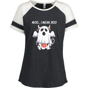 Moo I Mean Boo Ghost Cow Funny Halloween Enza Ladies Jersey Colorblock Tee