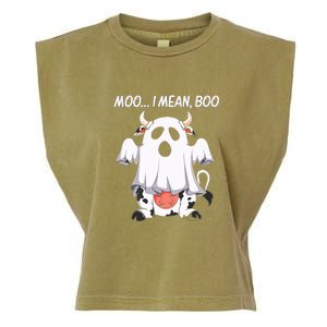 Moo I Mean Boo Ghost Cow Funny Halloween Garment-Dyed Women's Muscle Tee