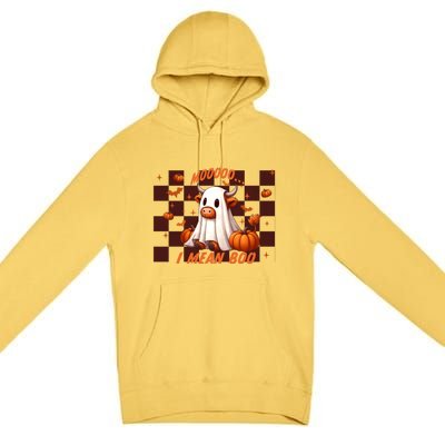 Moo I Mean Boo Highland Cow Checkered Halloween Costume Cute Gift Premium Pullover Hoodie