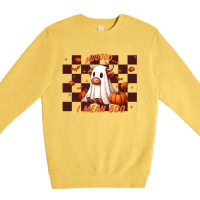 Moo I Mean Boo Highland Cow Checkered Halloween Costume Cute Gift Premium Crewneck Sweatshirt