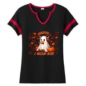 Moo I Mean Boo Highland Cow Checkered Halloween Costume Cute Gift Ladies Halftime Notch Neck Tee