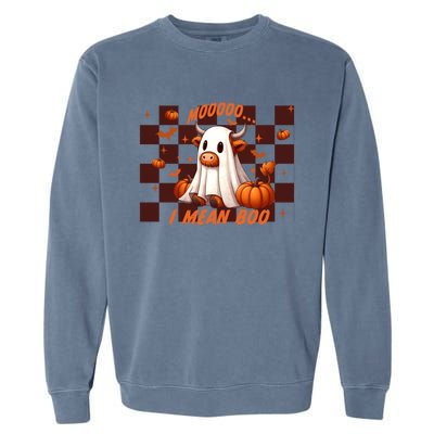 Moo I Mean Boo Highland Cow Checkered Halloween Costume Cute Gift Garment-Dyed Sweatshirt