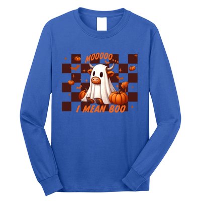 Moo I Mean Boo Highland Cow Checkered Halloween Costume Cute Gift Long Sleeve Shirt