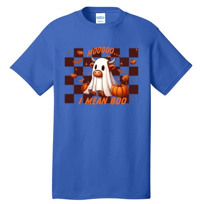 Moo I Mean Boo Highland Cow Checkered Halloween Costume Cute Gift Tall T-Shirt