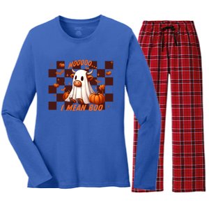 Moo I Mean Boo Highland Cow Checkered Halloween Costume Cute Gift Women's Long Sleeve Flannel Pajama Set 