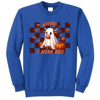 Moo I Mean Boo Highland Cow Checkered Halloween Costume Cute Gift Tall Sweatshirt