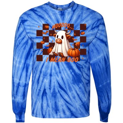 Moo I Mean Boo Highland Cow Checkered Halloween Costume Cute Gift Tie-Dye Long Sleeve Shirt