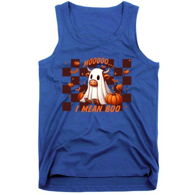 Moo I Mean Boo Highland Cow Checkered Halloween Costume Cute Gift Tank Top