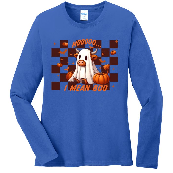 Moo I Mean Boo Highland Cow Checkered Halloween Costume Cute Gift Ladies Long Sleeve Shirt