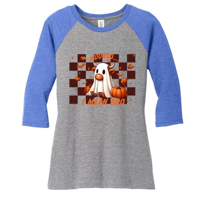 Moo I Mean Boo Highland Cow Checkered Halloween Costume Cute Gift Women's Tri-Blend 3/4-Sleeve Raglan Shirt