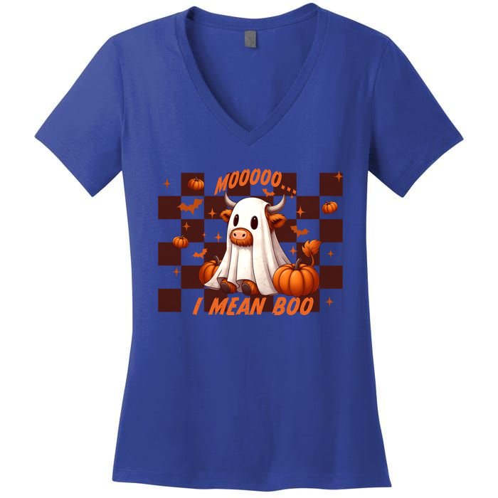 Moo I Mean Boo Highland Cow Checkered Halloween Costume Cute Gift Women's V-Neck T-Shirt