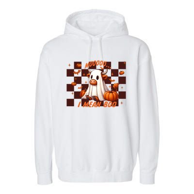 Moo I Mean Boo Highland Cow Checkered Halloween Costume Cute Gift Garment-Dyed Fleece Hoodie