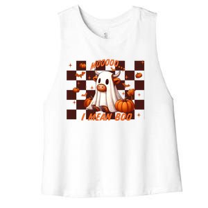 Moo I Mean Boo Highland Cow Checkered Halloween Costume Cute Gift Women's Racerback Cropped Tank