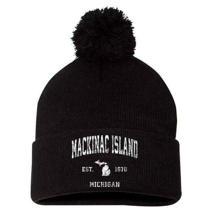 Mackinac Island Michigan MI Vintage Athletic Sports Design Pom Pom 12in Knit Beanie