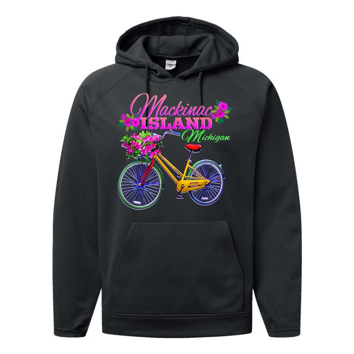 Mackinac Island Michigan Vintage Bike Flowers Performance Fleece Hoodie