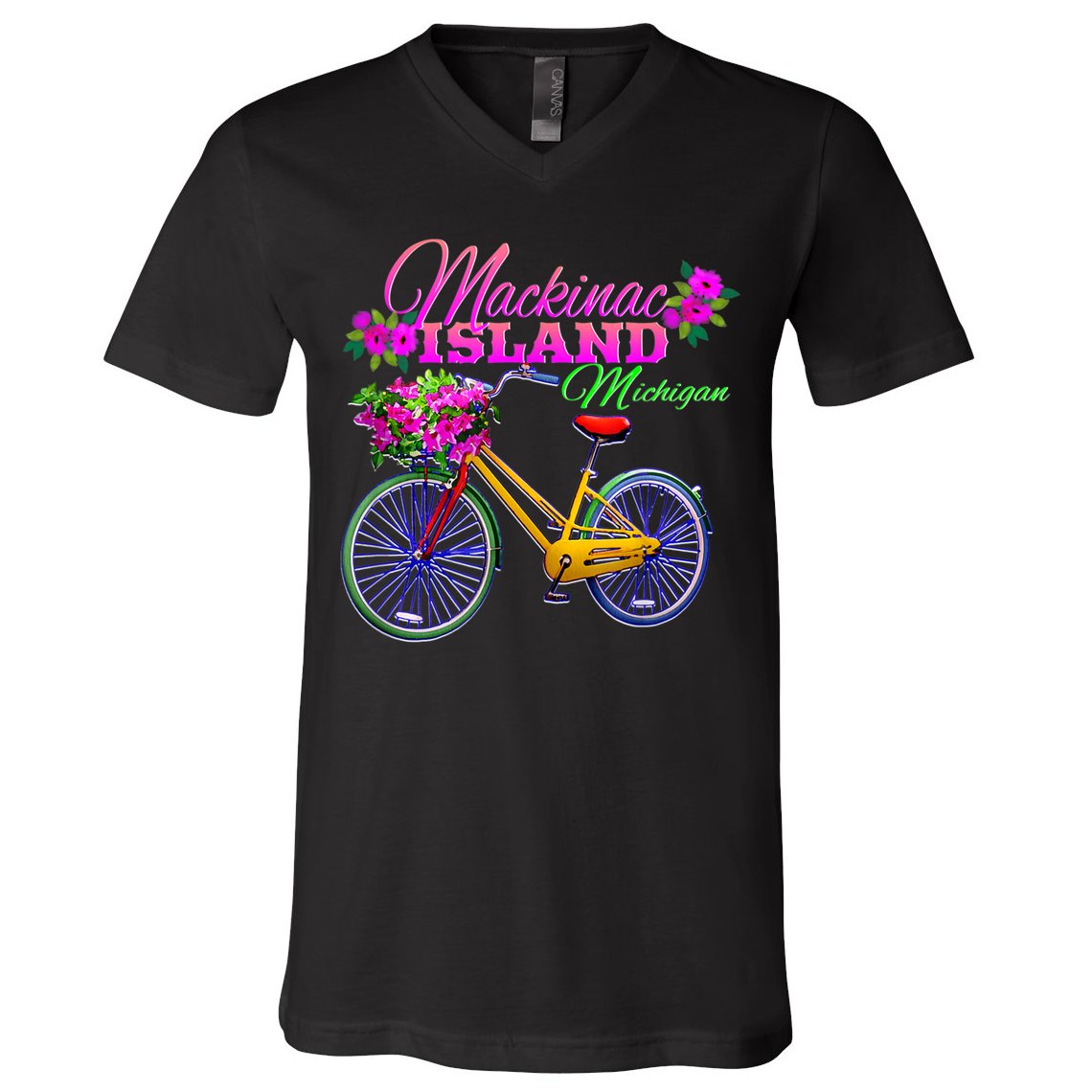 Mackinac Island Michigan Vintage Bike Flowers V-Neck T-Shirt