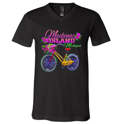 Mackinac Island Michigan Vintage Bike Flowers V-Neck T-Shirt