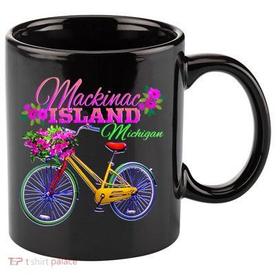 Mackinac Island Michigan Vintage Bike Flowers 11oz C Handle Ceramic Mug