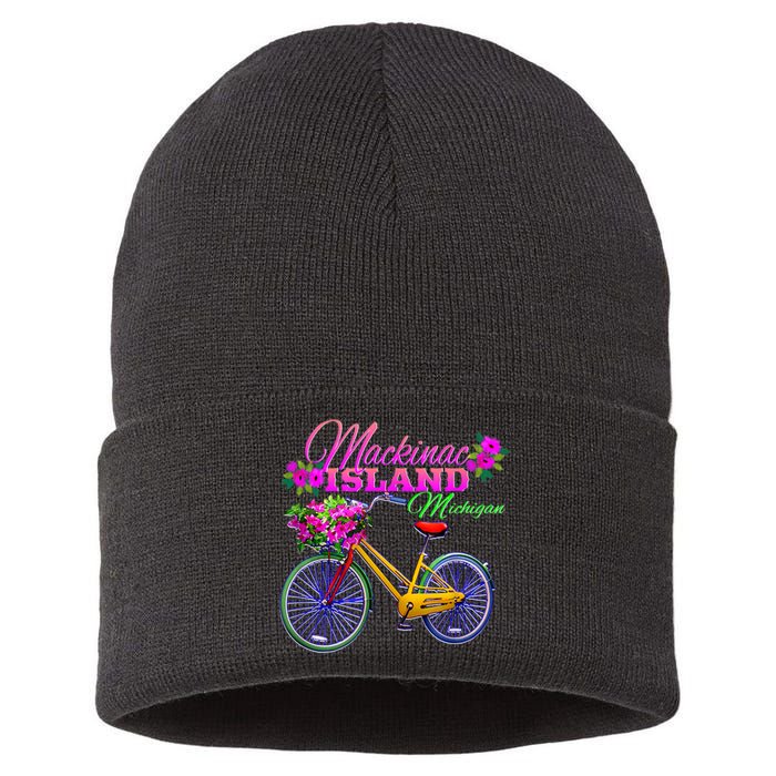 Mackinac Island Michigan Vintage Bike Flowers Sustainable Knit Beanie