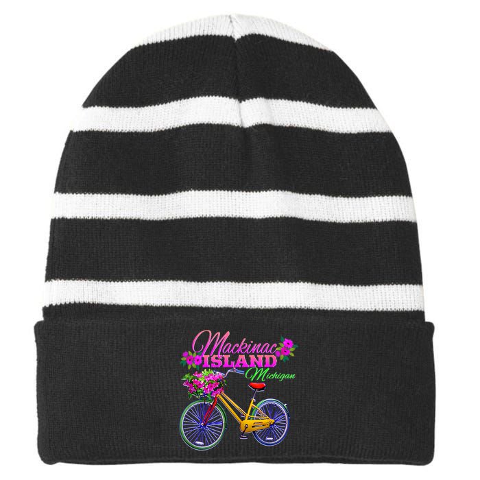 Mackinac Island Michigan Vintage Bike Flowers Striped Beanie with Solid Band