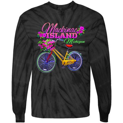 Mackinac Island Michigan Vintage Bike Flowers Tie-Dye Long Sleeve Shirt