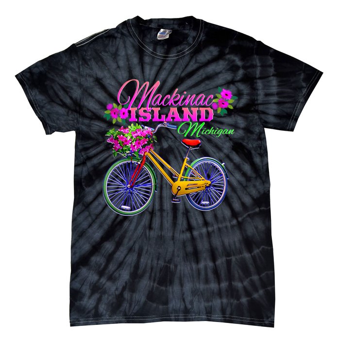 Mackinac Island Michigan Vintage Bike Flowers Tie-Dye T-Shirt