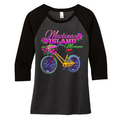 Mackinac Island Michigan Vintage Bike Flowers Women's Tri-Blend 3/4-Sleeve Raglan Shirt