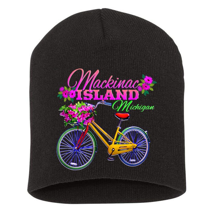 Mackinac Island Michigan Vintage Bike Flowers Short Acrylic Beanie