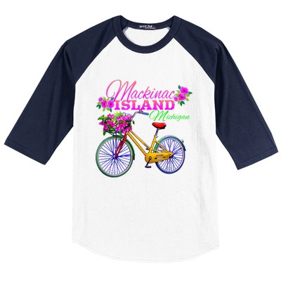 Mackinac Island Michigan Vintage Bike Flowers Baseball Sleeve Shirt