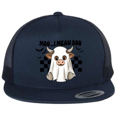 Moo I Mean Boo Highland Cow Halloween Cow Ghost Gift Flat Bill Trucker Hat