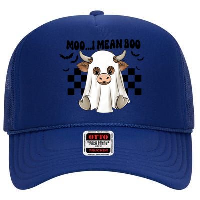 Moo I Mean Boo Highland Cow Halloween Cow Ghost Gift High Crown Mesh Back Trucker Hat