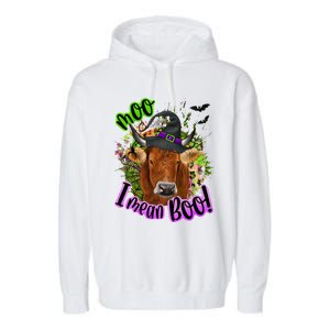 Moo I Mean Boo Witch Funny Cow With Halloween Costume Gift Garment-Dyed Fleece Hoodie