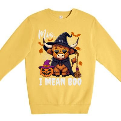 Moo I Mean Boo Witch Highland Cow Halloween Costume Cute Gift Premium Crewneck Sweatshirt