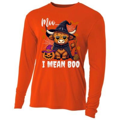 Moo I Mean Boo Witch Highland Cow Halloween Costume Cute Gift Cooling Performance Long Sleeve Crew