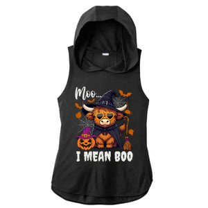 Moo I Mean Boo Witch Highland Cow Halloween Costume Cute Gift Ladies PosiCharge Tri-Blend Wicking Draft Hoodie Tank