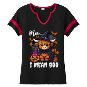 Moo I Mean Boo Witch Highland Cow Halloween Costume Cute Gift Ladies Halftime Notch Neck Tee