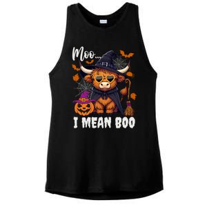 Moo I Mean Boo Witch Highland Cow Halloween Costume Cute Gift Ladies PosiCharge Tri-Blend Wicking Tank