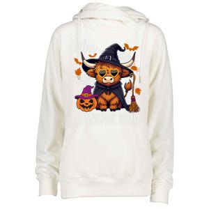 Moo I Mean Boo Witch Highland Cow Halloween Costume Cute Gift Womens Funnel Neck Pullover Hood