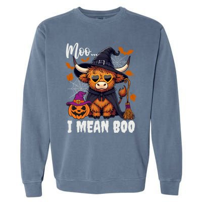 Moo I Mean Boo Witch Highland Cow Halloween Costume Cute Gift Garment-Dyed Sweatshirt