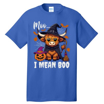 Moo I Mean Boo Witch Highland Cow Halloween Costume Cute Gift Tall T-Shirt