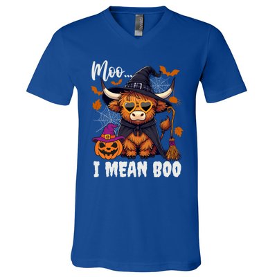 Moo I Mean Boo Witch Highland Cow Halloween Costume Cute Gift V-Neck T-Shirt